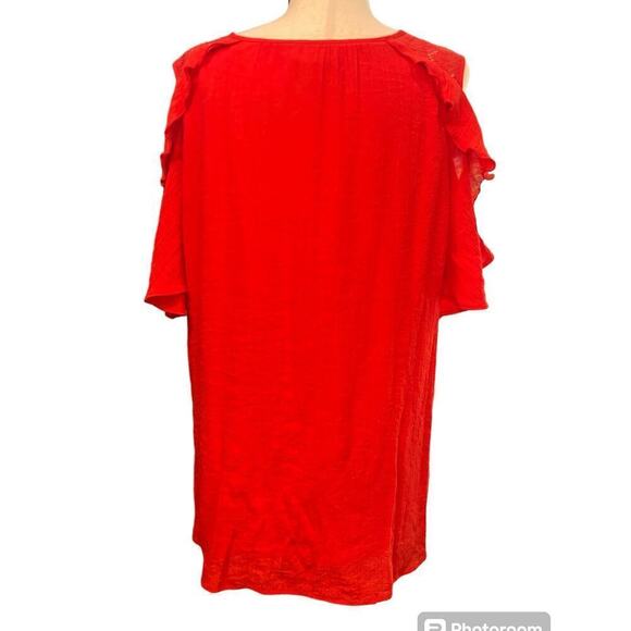 Alyx Cold Shoulder Crepe  Blouse, Red, size 0X, Layered, Ruffled, Chemical Lace - Picture 3 of 14